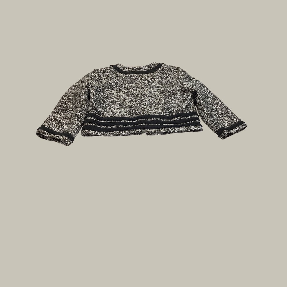 Karl‎ Lagerfeld Paris Black White Tweed Cropped Fringe Jacket XL Open Front - Picture 2 of 9